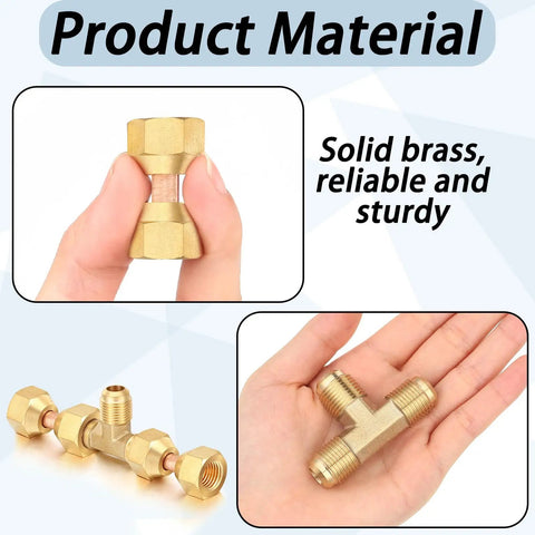 Brass Tube Fitting Kit With Flare Tee Fittings Three Eighths Inch, Brass Three Eighths Inch Female Flare Swivel Adapters, And Two Compression Tee Connectors Plus Waterproof Adhesive Tape Pack For Quick No Fuss Valve Setup in hand