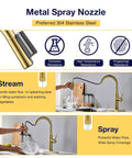 TOYWIA Kitchen Faucets with Pull Down Sprayer, High Arc Single Handle Classic Stainless Steel Sink Faucet 1 or 3 Hole, Suitable for Farmhouse Camper Laundry Rv Bar, Gold, showing spray nozzle with detailed features.