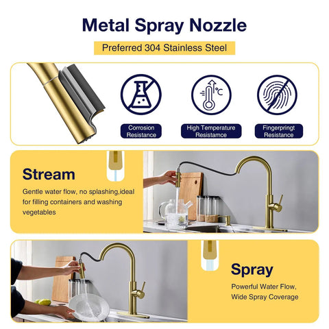 TOYWIA Kitchen Faucets with Pull Down Sprayer, High Arc Single Handle Classic Stainless Steel Sink Faucet 1 or 3 Hole, Suitable for Farmhouse Camper Laundry Rv Bar, Gold, showing spray nozzle with detailed features.