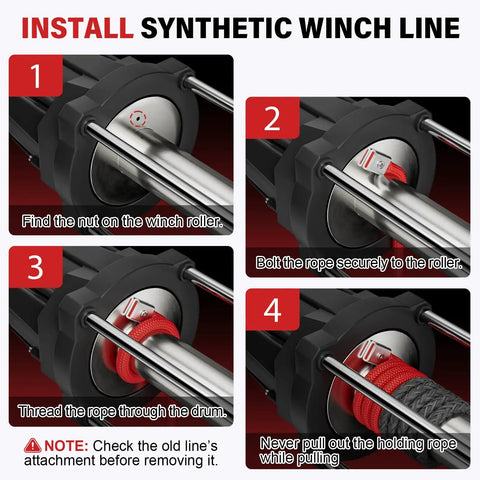 Beefed Up Synthetic Winch Rope Kit For ATVs And UTVs Off Road One Quarter Inch By Fifty Feet With Ten Thousand Pounds Breaking Strength Includes Forged Hook Protective Sleeve Rubber Stopper And Safety Pull Strap Gray installation steps.