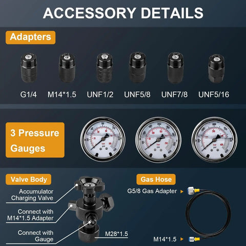 Nitrogen Charging Kit For Hydraulic Accumulators With 3 Pressure Gauge Ranges And 7 Coupling Adapters Pressure Test Gauge Kit For Agriculture Machinery Built For Real World Use Heavy Duty Black
