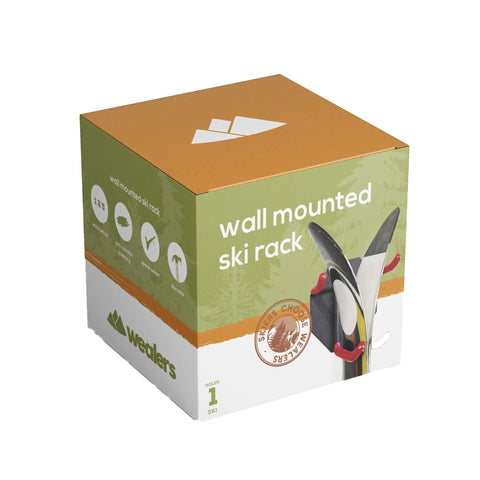 Heavy Duty Wall Mounted Ski Rack And Pole Hanger Featuring Rock Solid Padded Hooks for one ski, shown in box packaging.