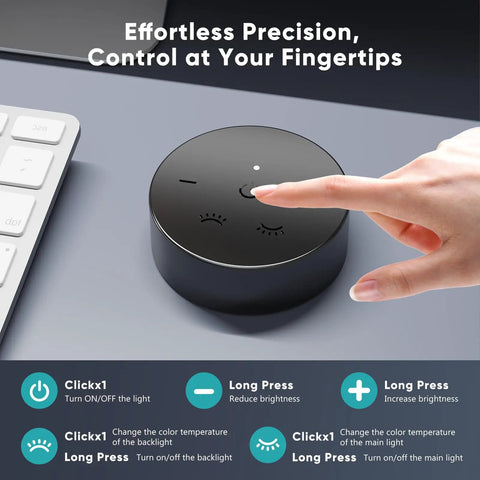 Remote control for Monitor Light Bar With Remote for Eye Comfort and No Glare Screen Lighting, showing finger operating dimmer.