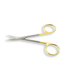 Pro Grade TC Iris Micro Dissecting Scissors With Tungsten Carbide Inserts And Gold Ring Handles 4.5 Inch Curved Blades shown on white