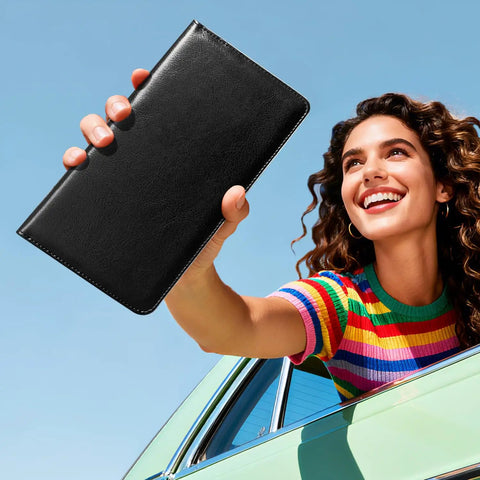Woman in colorful shirt holding Car Registration And Insurance Holder With Magnetic Closure Slim PU Leather Vehicle Glove Box Organizer