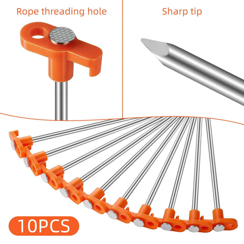 Beefy Heavy Duty Tent Stakes 7 Inches 10 Pack Rust Proof Galvanized Steel Ground Pegs with Orange Caps and Rope Threading Hole