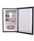 A Top Shelf 3 Cubic Foot Midi Upright Freezer In Stainless Steel With Reversible Door And Adjustable Feet For Basements Or Break Rooms This Sweet Space Saver Delivers Zero Fuss Setup And Drops Heavy Chill Wherever You Park It Today with meat and frozen items visible inside.