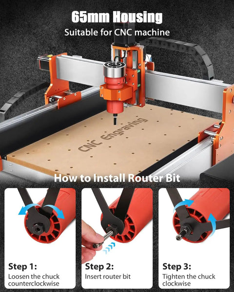 Installation steps for router bit on CNC machine with 65mm housing; shows loosening, inserting bit, tightening for Beefy 630W Wood Router Tool With Fixed Base, Compact Design, 35000 RPM, One Quarter Inch Collet, Includes Five Trim Bits, Straight And Roller Guide, Two Wrenches And Carbon Brushes For Woodworking.