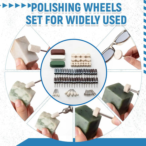 133 Pieces Polishing Kit For Rotary Tools With sanding drums, buffing wheels, and polishing bits shown in use on various materials.
