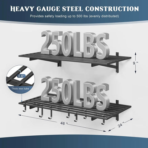 Heavy-Duty 2 Pack Wall Mounted Garage Shelves With 8 Hooks, 2x4 Ft Each, 500 Lb Total Capacity, Steel Storage Racks For Tool Organization, Garage, Workshop, Home Workspace, And All Your Gear. 46x24 inch shelf, 250 lb each