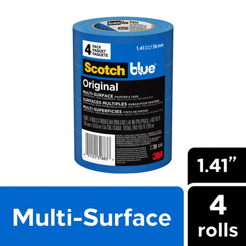 Pack of 4 rolls of 1.41 in x 60 yd blue multi-surface painters tape for crisp lines, featuring branding and details