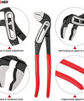 Water Pump Pliers Set 7 Inch 10 Inch 12 Inch with Curved Jaw, Quick Adjustment, features include black phosphate finish and red handle grips.