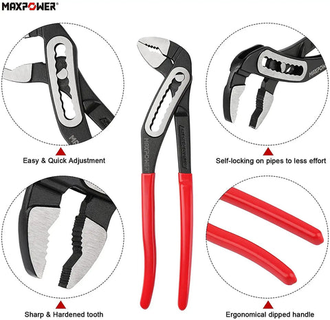 Water Pump Pliers Set 7 Inch 10 Inch 12 Inch with Curved Jaw, Quick Adjustment, features include black phosphate finish and red handle grips.