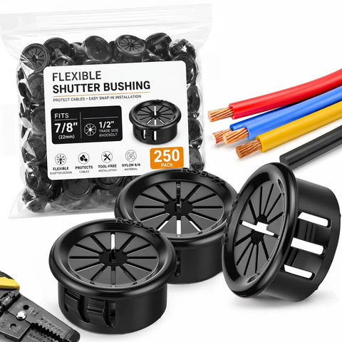 250 Pack Flexible Shutter Bushings Nylon Wire Grommets, black grommets with electrical wires, ideal for cable control in panels.