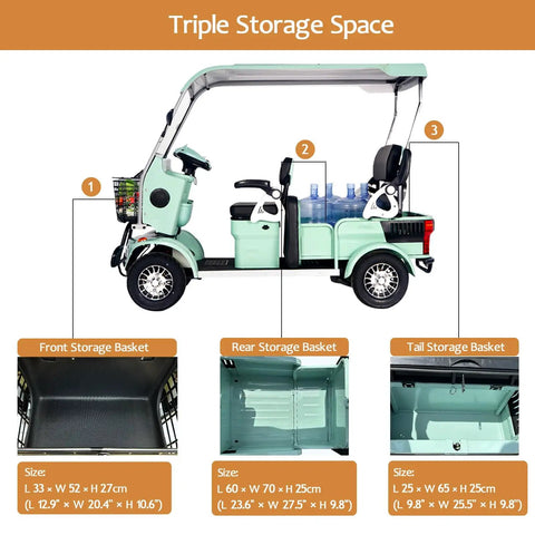 Image of White 4 Passenger Electric Golf Cart Scooter With 1200W Brushless Motor And 60V 37AH Lithium Pack showing triple storage space.