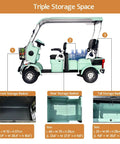 Detailed view of Four Passenger Electric Golf Cart Cruiser with three storage areas, metal frame, and comfortable seating.