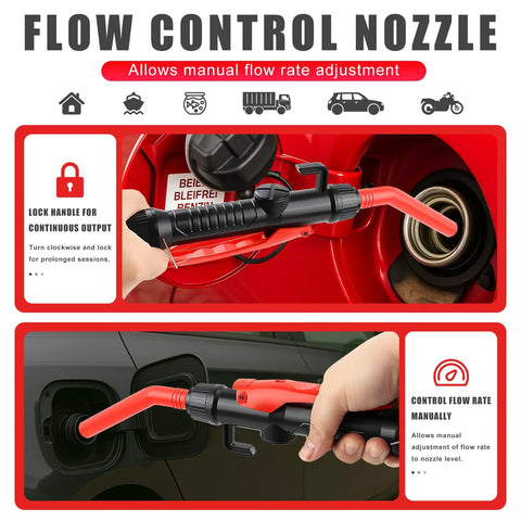 Grab And Go Battery Powered Transfer Pump Portable Cordless Electric Siphon For Gas Diesel And Water Quick Flow With Extended Hose showing flow control nozzle for manual flow adjustment.