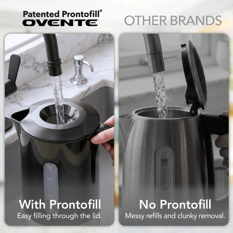 Rapid Fire 1500W Electric Kettle With 1.8 Liter Capacity BPA Free Build shown filling with Prontofill technology.