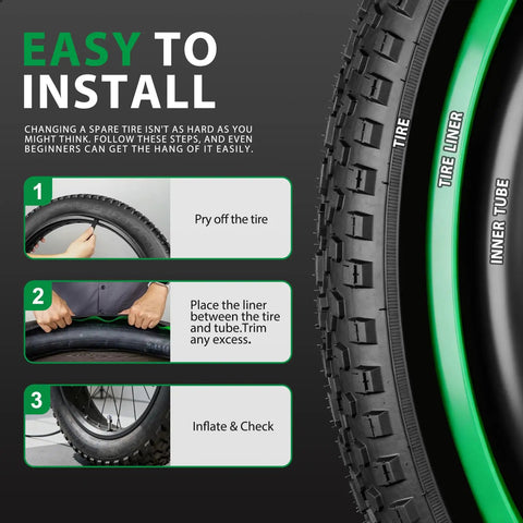 Two Pack Fat Tire Liners For Twenty, Twenty Four, And Twenty Six By Four Inch Fat Bike And E Bike Tires, 110Mm Wide TPU Puncture Proof Inserts installation guide with tire diagram.