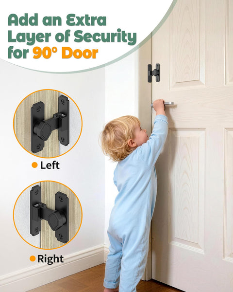 90 Degree Barn Door Lock With Flip Latch installed on interior door, child reaching for handle, security hardware in use.