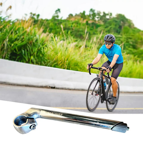 Aluminum Gooseneck Bike Stem for 22.2mm Fork Tubes and 25.4mm Handlebar Clamp, 150mm to 220mm lengths, shown with cyclist.