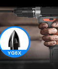 10 Piece Glass Concrete Drill Bit Set With Hex Shank Tungsten Carbide Tips for drilling in action, YG6X material close-up