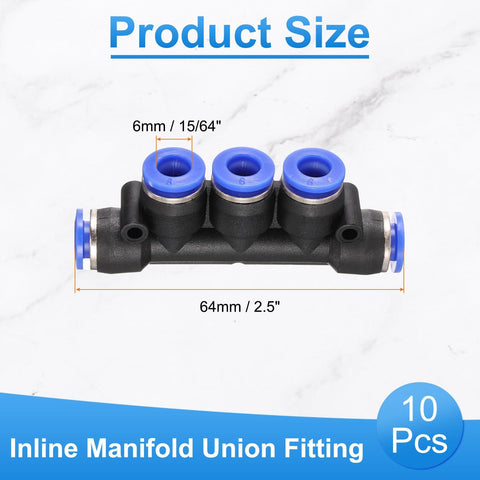 Inline 5 Way Manifold Union Fitting Kit, 6mm OD Plastic Pneumatic Push To Connect Tube Fittings, 2.5 Inch Length