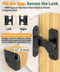 90 Degree Barn Door Lock With Flip Latch, right angle sliding door lock with spacer for uneven surfaces in black, close-up view