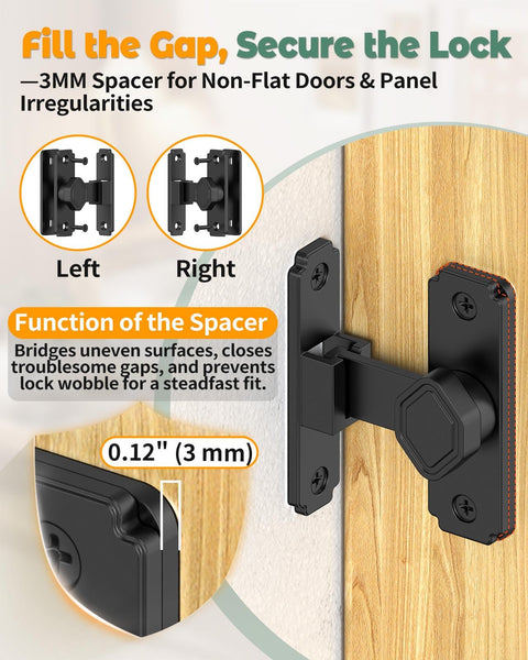 90 Degree Barn Door Lock With Flip Latch, right angle sliding door lock with spacer for uneven surfaces in black, close-up view