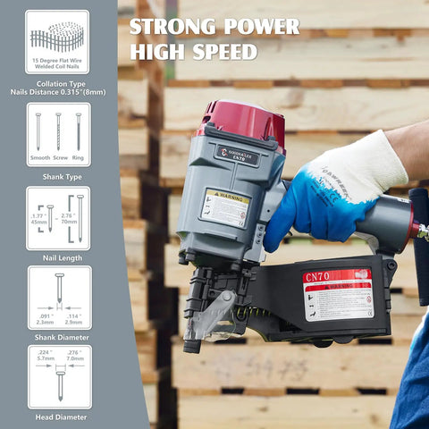 Person using Air Coil Siding Nailer 15 Degree 1 3 4 Inch To 2 3 4 Inch for wooden pallets and packing, close-up view