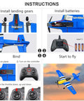 Instructions for P-51D Mustang 3 Channel RC Plane With Ready To Fly Setup, showing landing gear, battery installation, and remote control use.