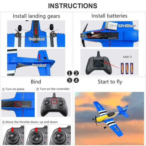 Instructions for P-51D Mustang 3 Channel RC Plane With Ready To Fly Setup, showing landing gear, battery installation, and remote control use.