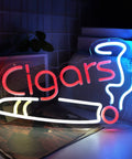 Cigar Neon Sign For Smoke Shop Bar Lounge Decor Handmade LED Art Light Dimmable Neon Light For Pub Party Or Retail Space Man Cave Wall Decor Lit 40 By 24 Cm With Hanging Chain And Power Cord, glowing in dark room.