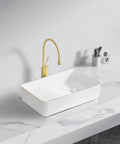 USZWBY Vessel Sinks Light Luxury Above Counter Basin Side Drain Ceramic Wash Phnom Penh Small Apartment Bathroom Bowl Sink with gold faucet.