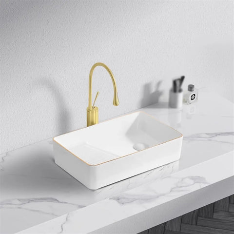 USZWBY Vessel Sinks Light Luxury Above Counter Basin Side Drain Ceramic Wash Phnom Penh Small Apartment Bathroom Bowl Sink with gold faucet.