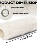 Dimensions of a nine inch lambswool paint roller cover with 3/4 inch nap for textured surfaces.