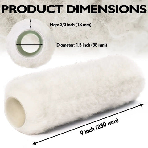 Dimensions of a nine inch lambswool paint roller cover with 3/4 inch nap for textured surfaces.