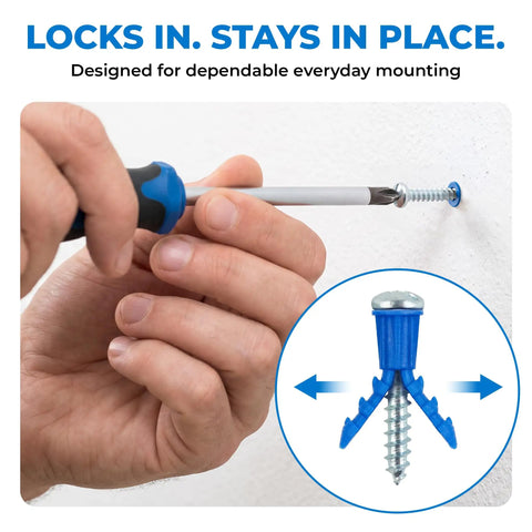 Installing screw with screwdriver into wall, illustrating Drywall Anchors and Screws Kit with Drill Bit for a Strong Hold in Walls.