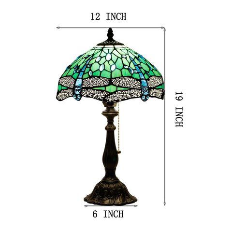 Tiffany Style Stained Glass Table Lamp With Green Dragonfly Shade, 12 Inch Shade And 19 Inch Tall Antique Bronze Reading Lamp, UL Listed