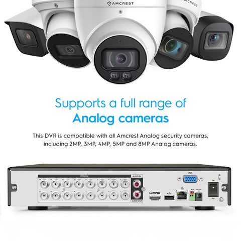 5MP UltraHD 16 Channel DVR Security System Recorder With Remote Smartphone Access shown with compatible analog cameras