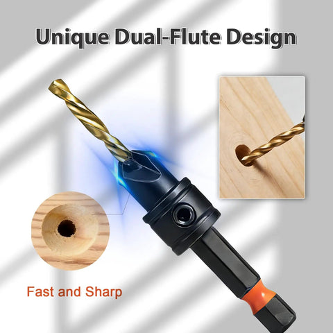 Premium Dope Wood Countersink Drill Bit Set With Titanium Coated HSS, showcasing dual-flute design for woodworking