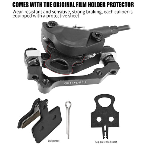Front view of HAIKS MT200 hydraulic disc brake set with aluminum caliper, mounting adapter, and brake pads