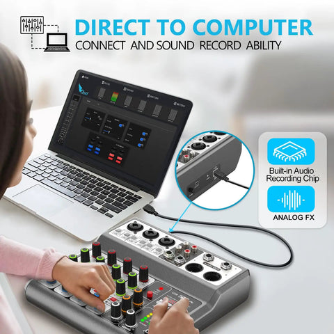 Person using Five Channel USB Bluetooth Audio Mixer With Echo Delay For Recording Live Streaming And Podcasting Dope Home Studio Sound Board connected to laptop.
