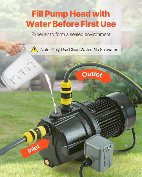 115 Volt Shallow Well Jet Pump 1 HP Heavy Duty Cast Iron Irrigation Water Pump with hoses shown for water connection