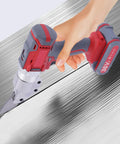 Powerful 21V Electric Metal Shears With Swivel Head And Two Batteries For Cutting Iron Aluminum Steel Tile Rechargeable High Speed Shear Tool in use on metallic surface.