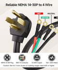 Heavy Duty 4 Prong Dryer Cord 10ft Built To Last 30 Amp 250V 7500W Capacity, 10 AWG Cable, NEMA 14 30P To 4 Wire Power Cord
