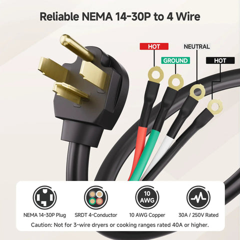 Heavy Duty 4 Prong Dryer Cord 10ft Built To Last 30 Amp 250V 7500W Capacity, 10 AWG Cable, NEMA 14 30P To 4 Wire Power Cord