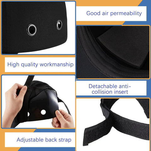 Close-up of Three Piece Bump Cap Baseball Hat Style Hard Hat Helmet Safety Cap showing ABS insert, air holes, and adjustable strap.