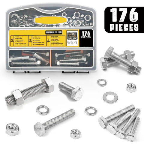 176 Piece Heavy Duty Hex Head Bolts And Nuts Kit In 304 Stainless Steel Metric Set For Rugged Repairs And Projects With Precise Threads And Durable Construction, 304 stainless steel bolts and nuts kit