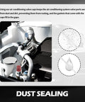 Car AC valve system with highlighted dust sealing, part of 33 Piece Car AC Valve Core Kit DIY Friendly With High And Low Pressure Caps Valve Stem Cores Removal Tool And R134A R12 Compatible AC Tools To Restore Cooling And Prevent Leaks.